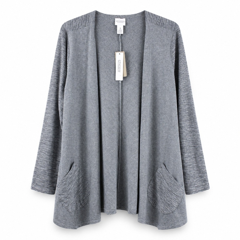 Chicos Weekends Grey Open Front Cardigan Pockets Space Dye Size 1 M